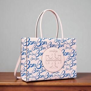Tory Burch Bon Bon Logo Print Pink Canvas Tote Crossbody